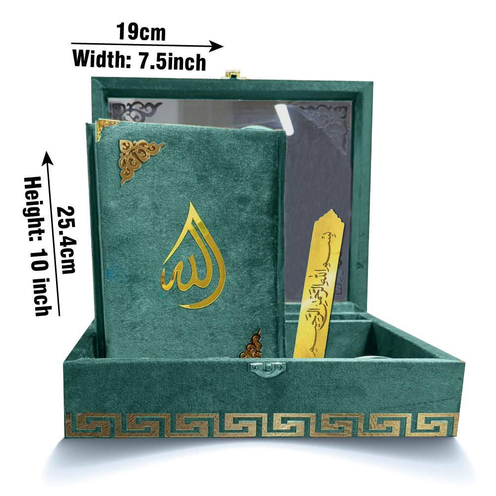 855-4KVJ2-GREEN Tajweedi Green Velvet Quran with Fancy box and Cap Attar Tasbih Bookmark Counter